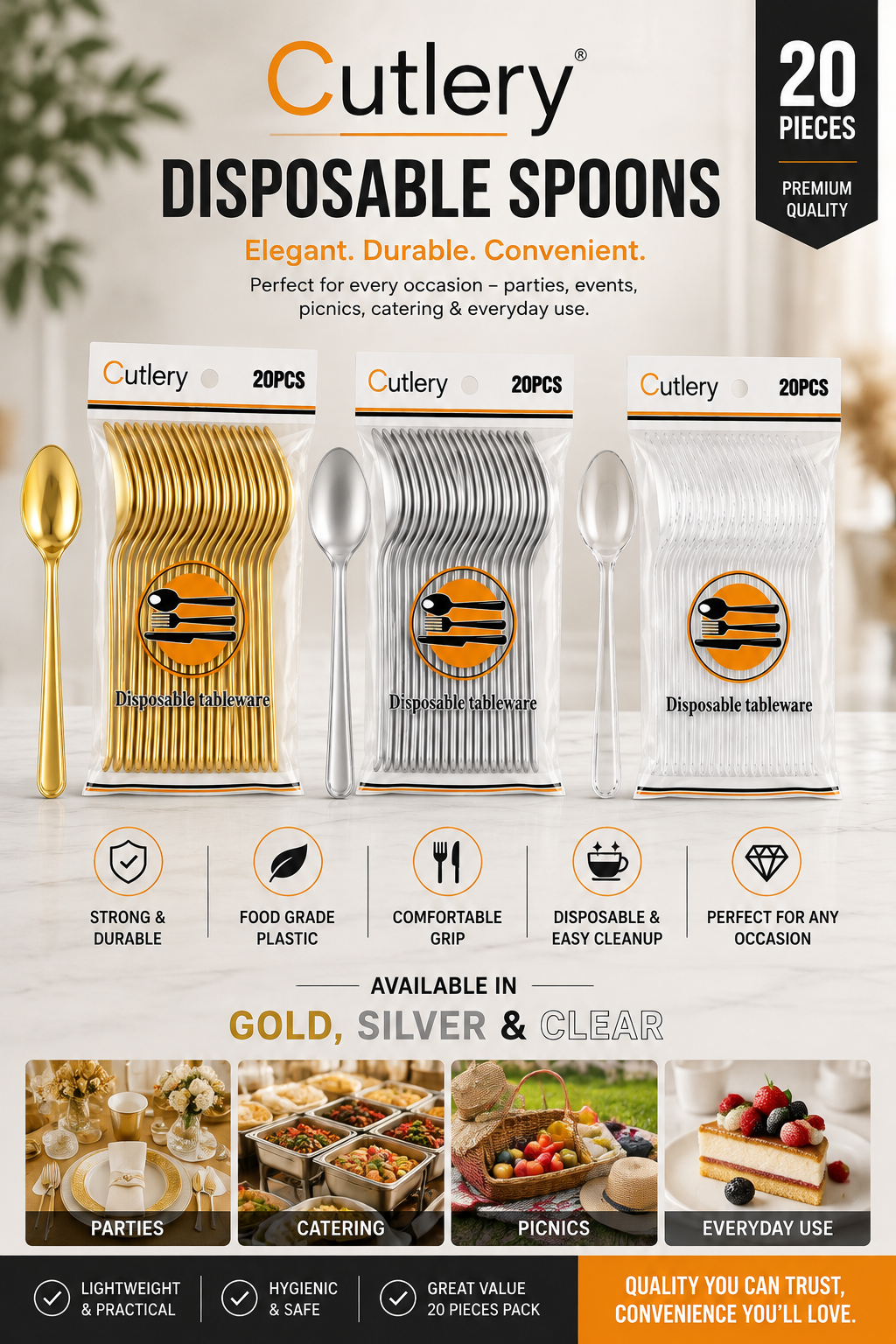 Premium 20 Piece Disposable Disposable Plastic Spoons
