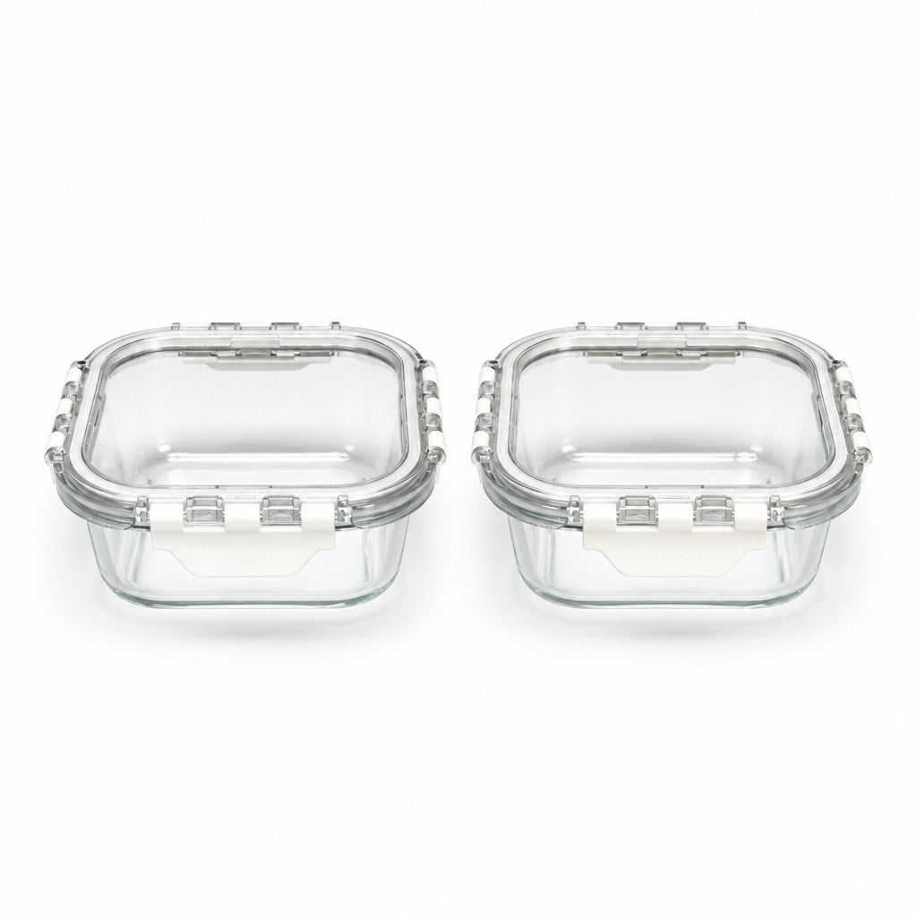 500ml Square Glass Portion Containers with Airtight Clip Lids (Pack of 2)