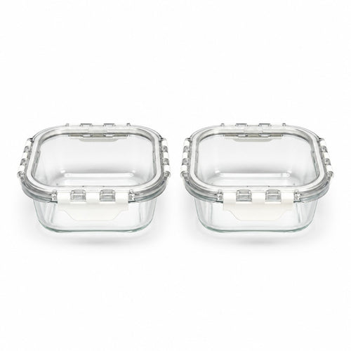 500ml Square Glass Portion Containers with Airtight Clip Lids (Pack of 2)