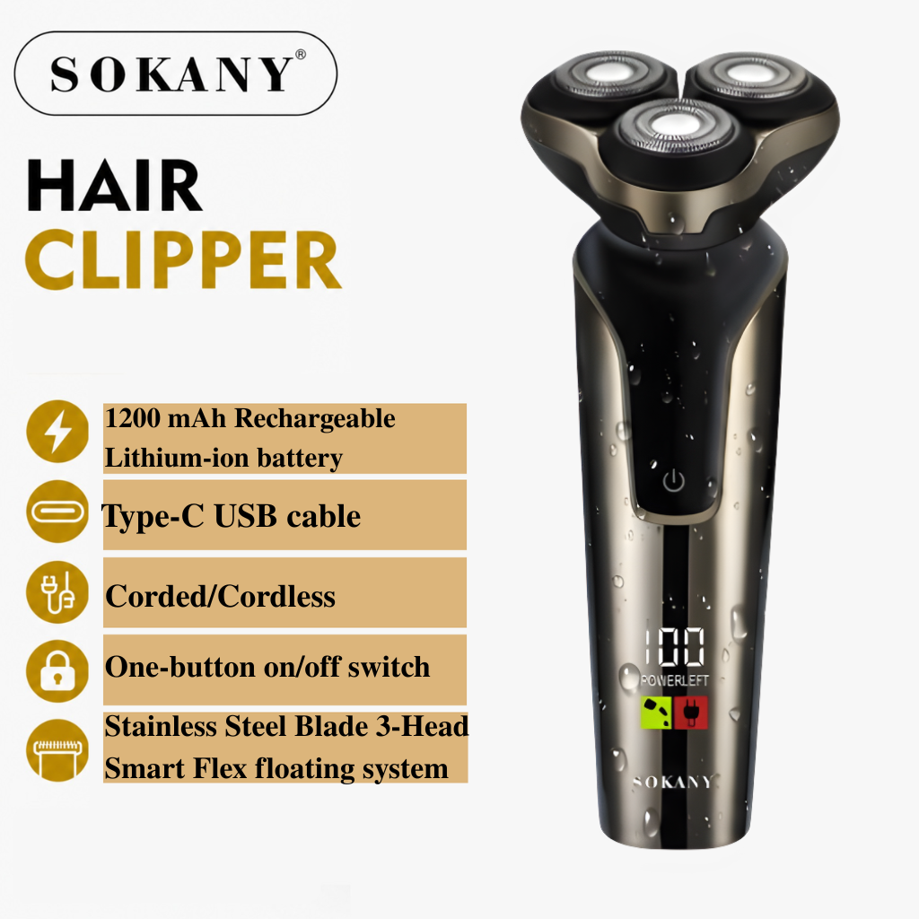 Sokany 3-in-1 Electric Shaver for Men | Rechargeable Wet & Dry Rotary Razor
