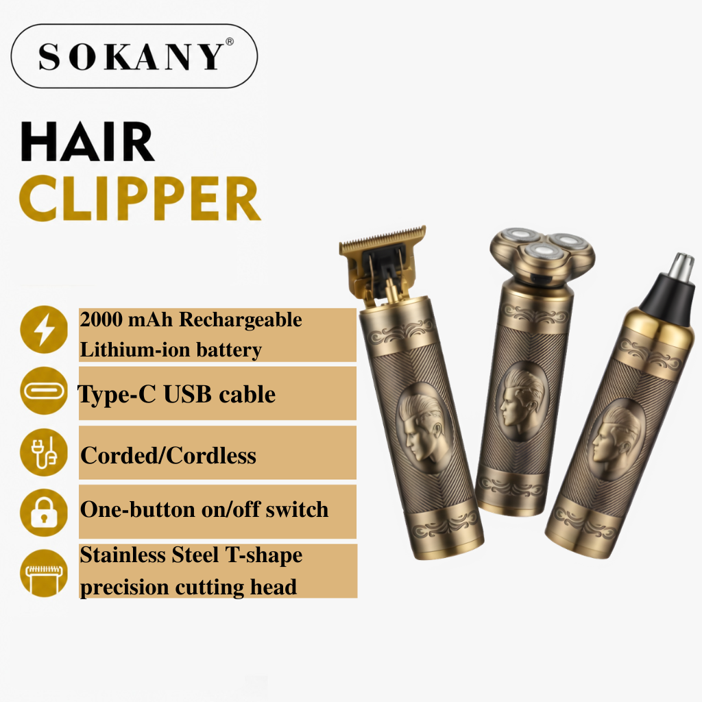 Sokany 3-in-1 Men's Grooming Kit | Hair Trimmer Clipper, Electric Shaver & Nose Trimmer