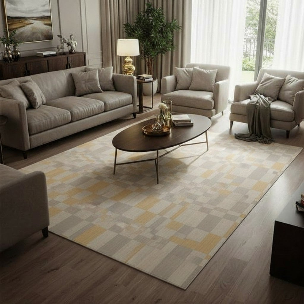 Modern Geometric Plaid Area Rug – Yellow & Grey Block Carpet