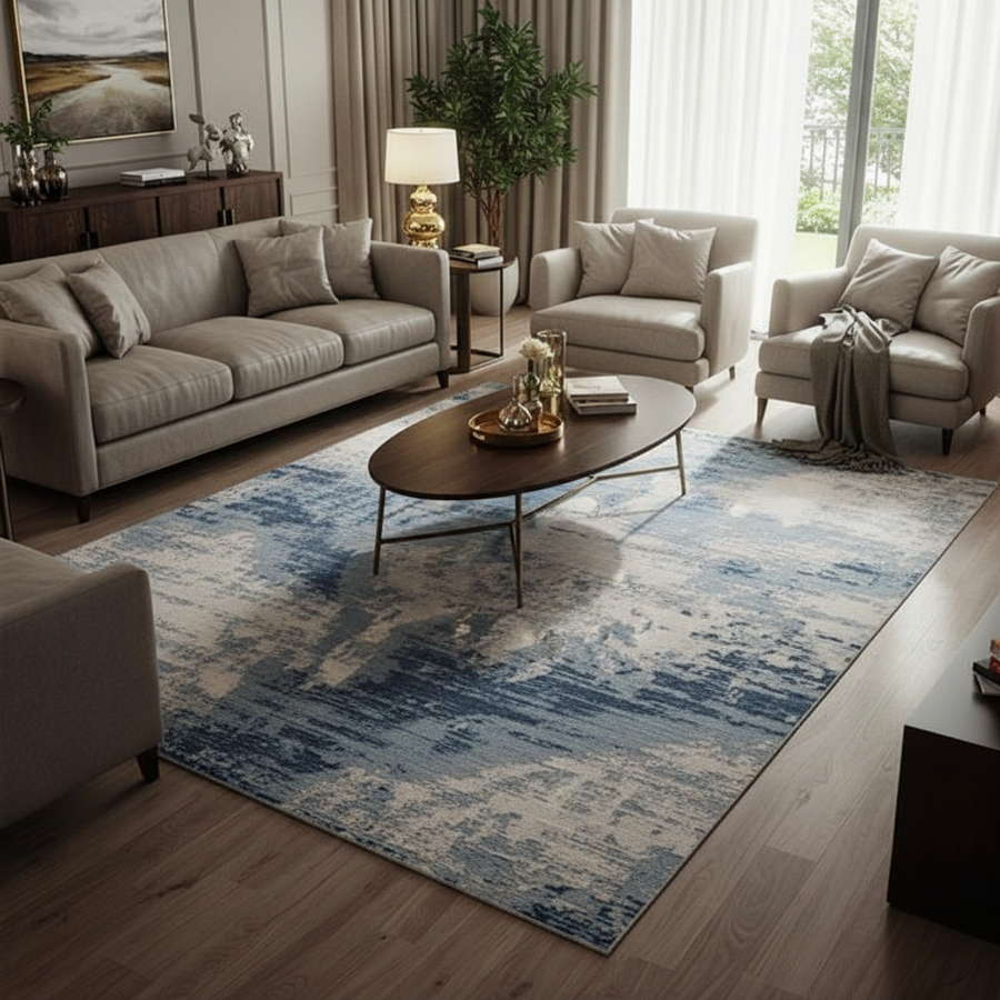 Modern Abstract Area Rug - Blue, White, And Grey Tones Inspired By Artistic Brush Strokes