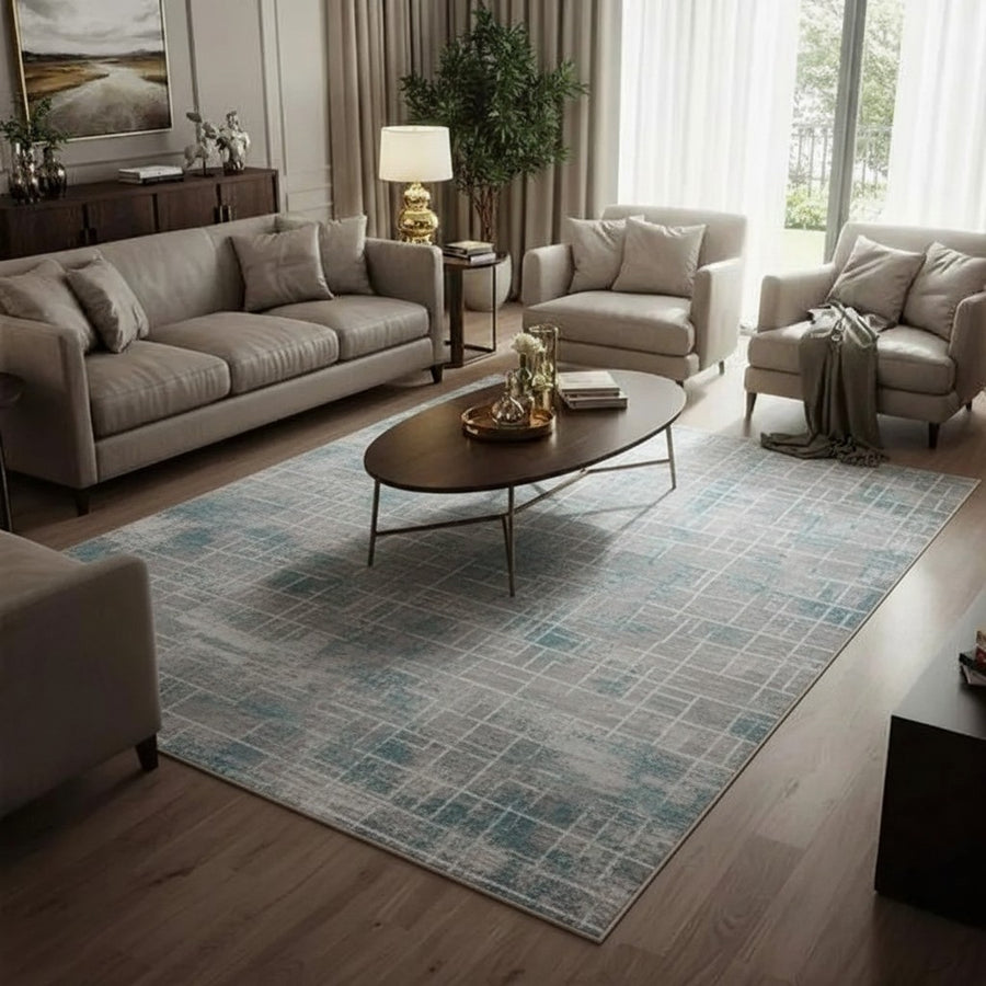 Abstract Geometric Grid Area Rug – Teal, Grey & Ivory Carpet
