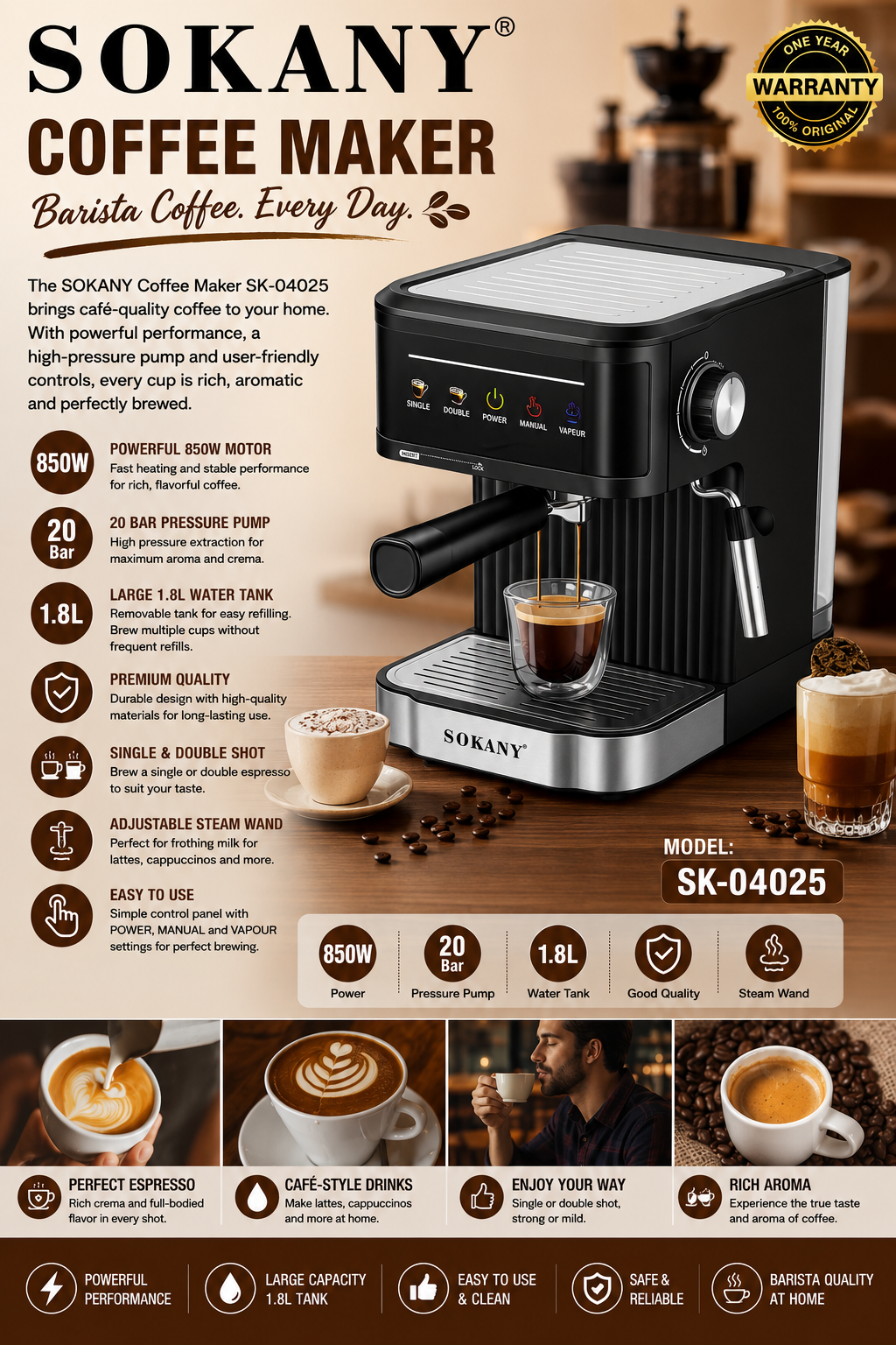 SOKANY Espresso Coffee Machine | Single & Double Espresso Shots | 20 Bar High-Pressure Pump