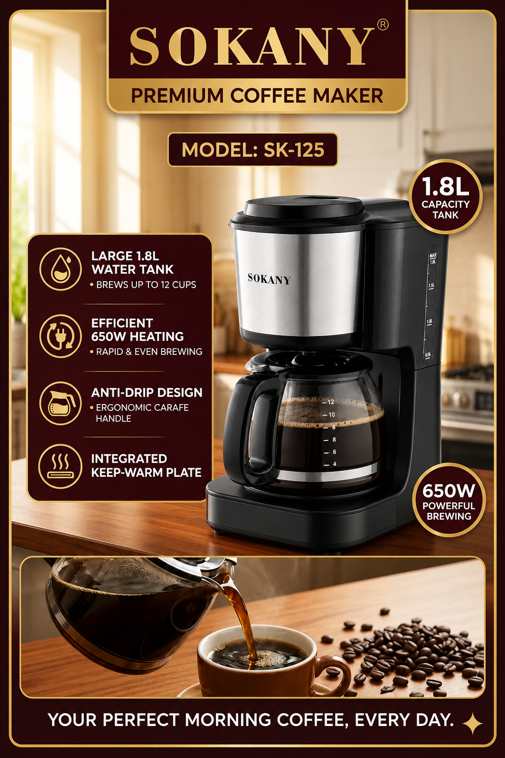SOKANY Premium Coffee Maker | 650W | Large 1.8L Water Tank
