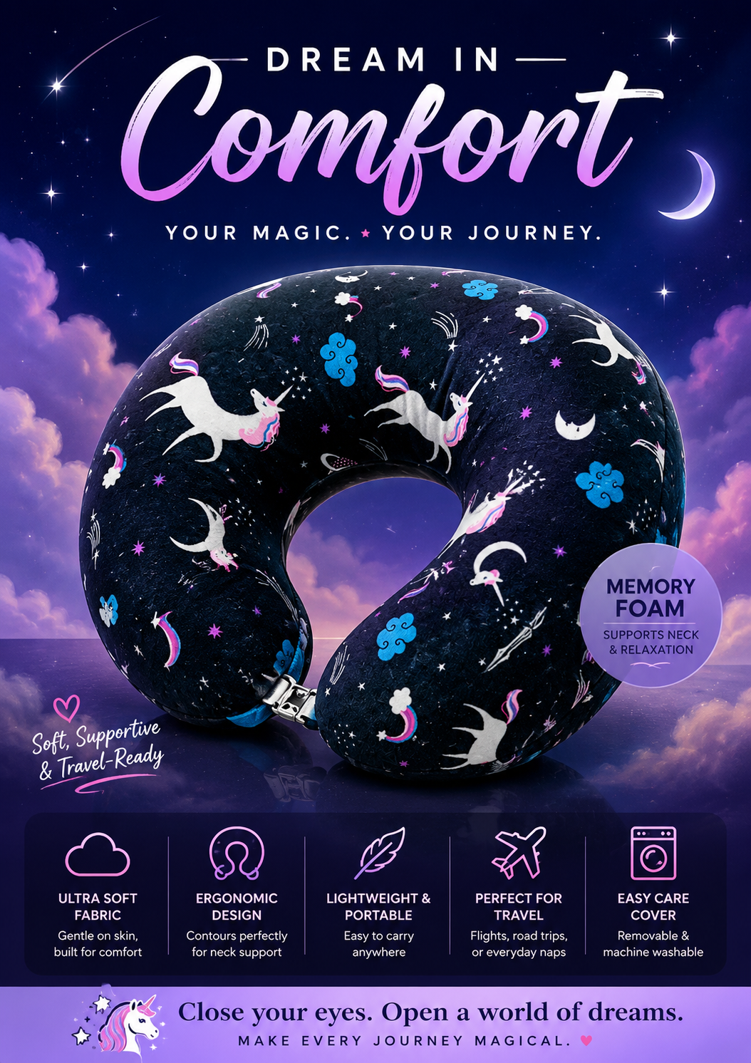 Memory Foam Travel Neck Pillow - Unicorn