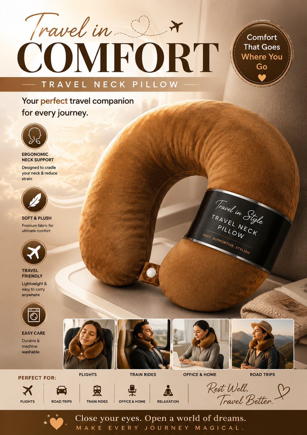 Memory Foam Travel Neck Pillow - Brown