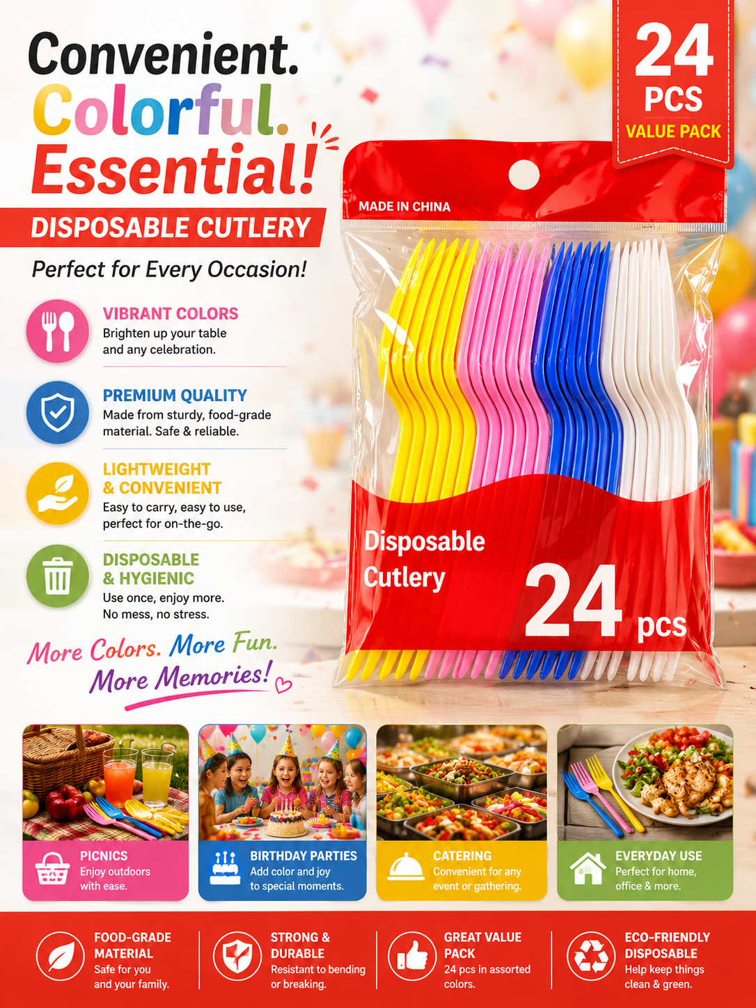Multi-Colour 24 Piece Disposable Plastic Fork Set