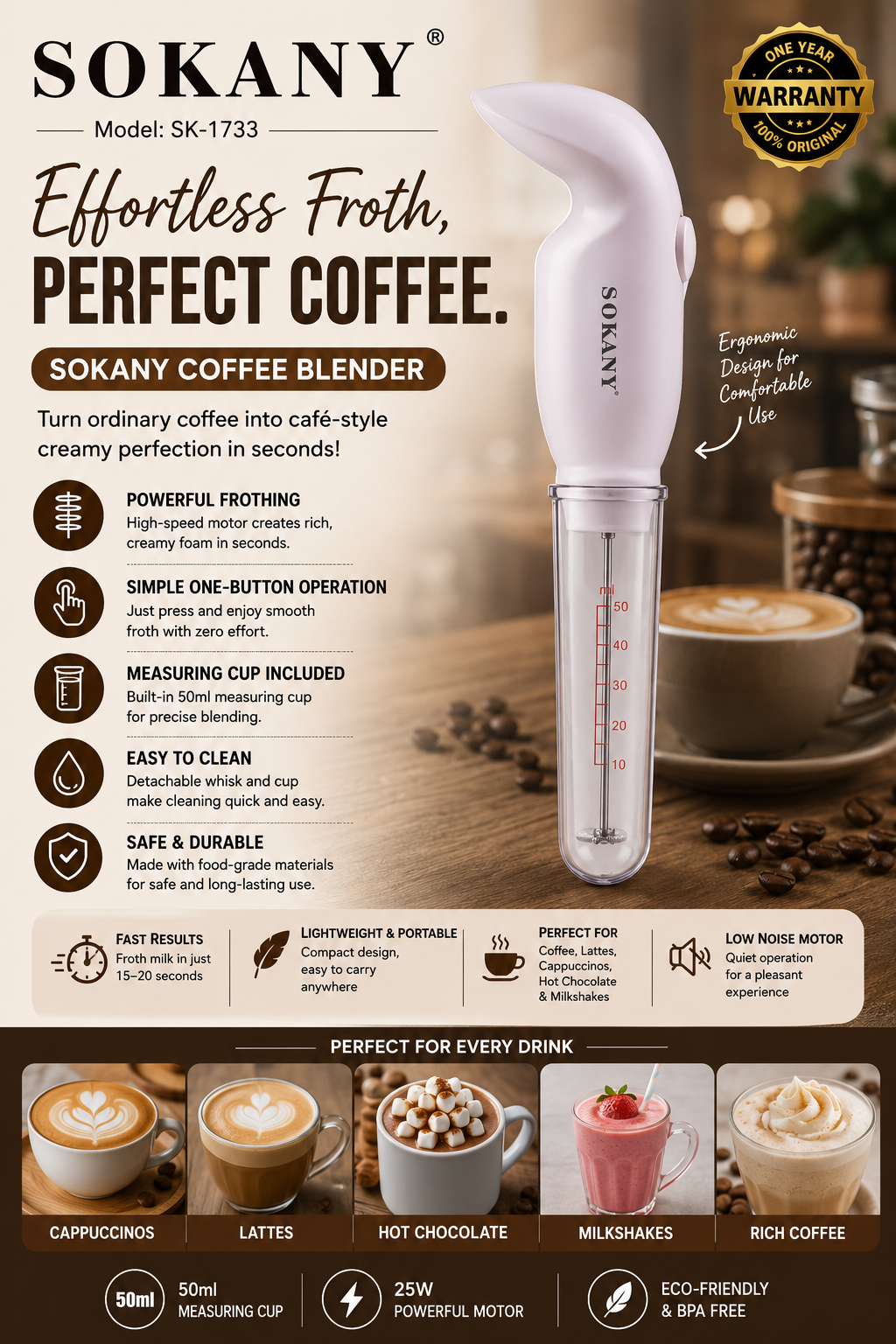 SOKANY Coffee Blender | 25W | 50ml | One Button Operation