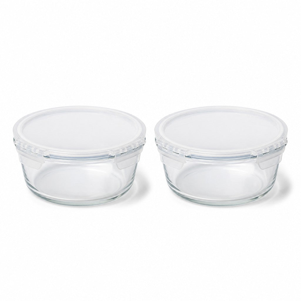1300ml Round Glass Food Storage Bowls with Airtight Clip Lids (Pack of 2)