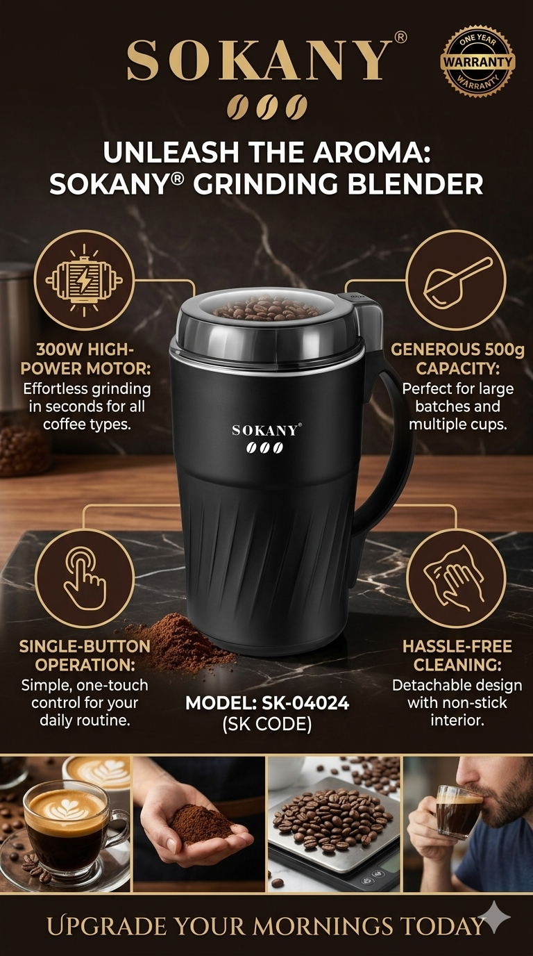 SOKANY Coffee Grinder | 300W | 500G Grinding Capacity | Non-Stick Interior