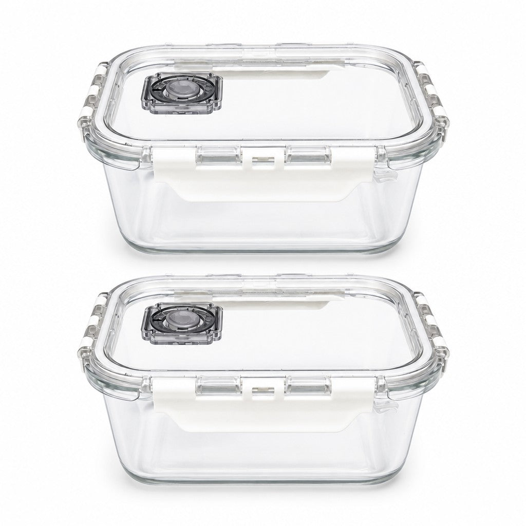 630ml Rectangular Glass Lunch & Snack Containers with Vented Lids (Pack of 2)