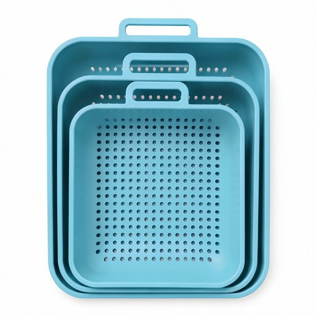 3 Piece Nesting Plastic Strainer Baskets with Handles – Multi-Purpose Kitchen & Home Storage Organizers