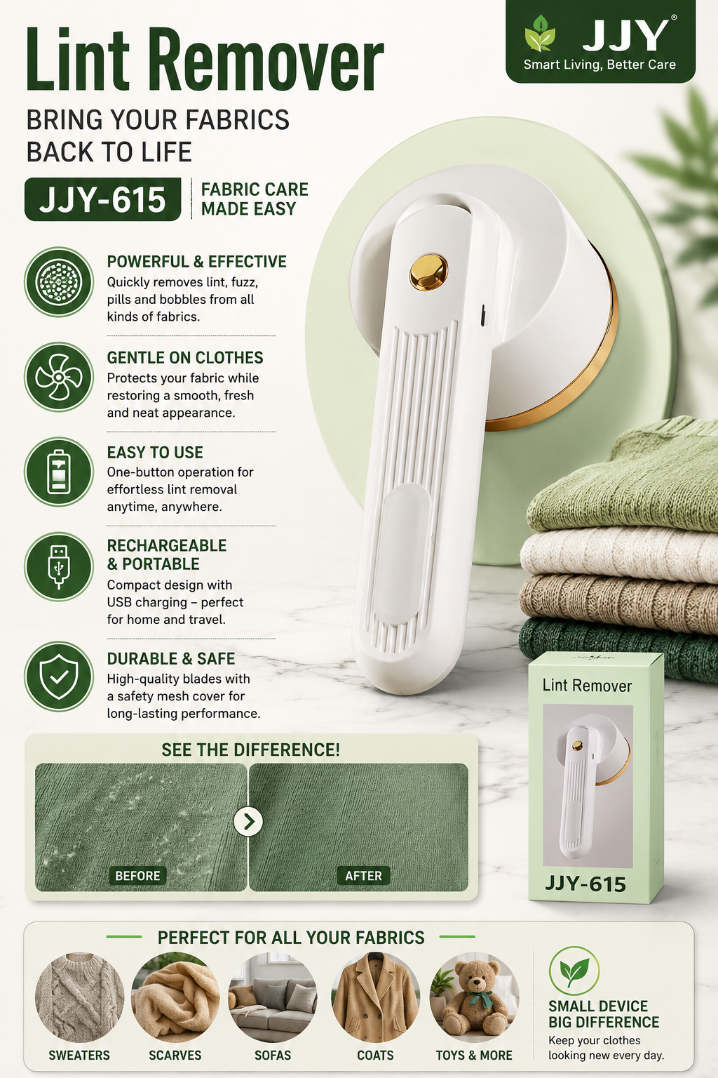 Lint Remover | USB Rechargeable Battery | One-Button Operation