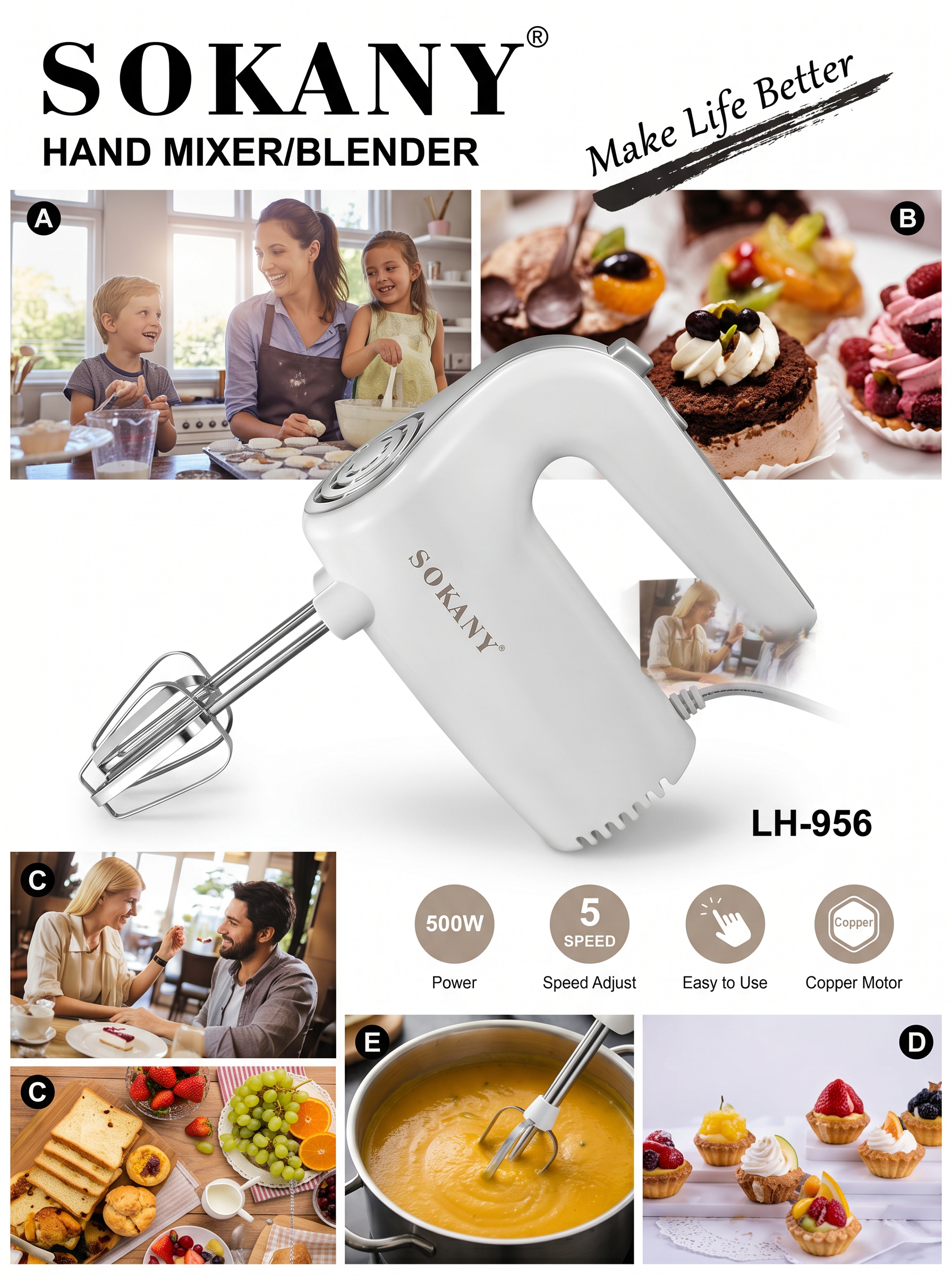 SOKANY Hand Mixer/Blender | 500W Copper Motor | 5 Adjustable Speed Settings