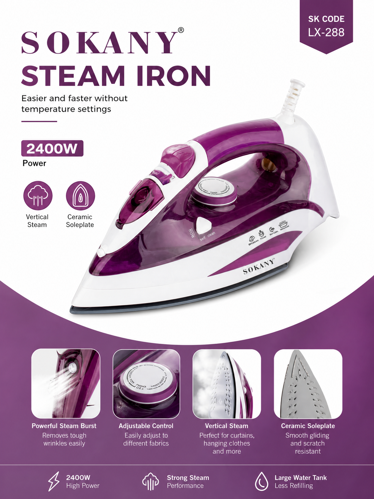 SOKANY Steam Iron | 2400W | Ceramic Soleplate And Powerful Steam Performance