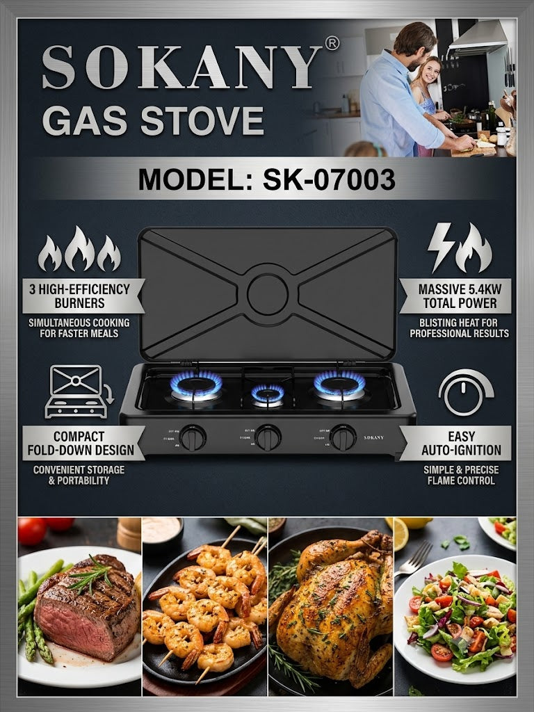 SOKANY Gas Stove | Heat Output Of 5.4kW | 3-Burner Gas Stove