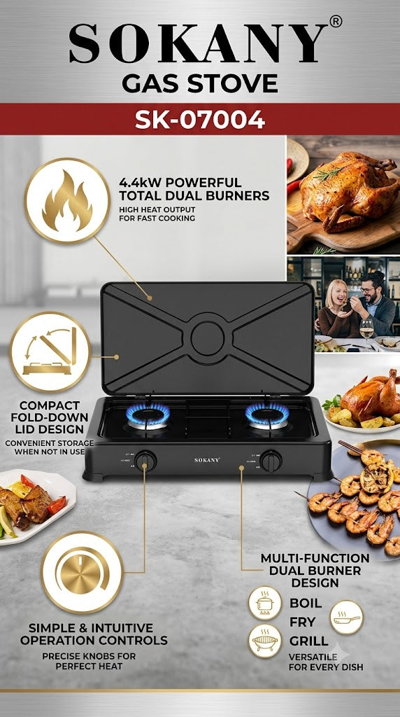 SOKANY Double Burner Gas Stove | 4.4 kW Heat Output | Fold-Down Lid