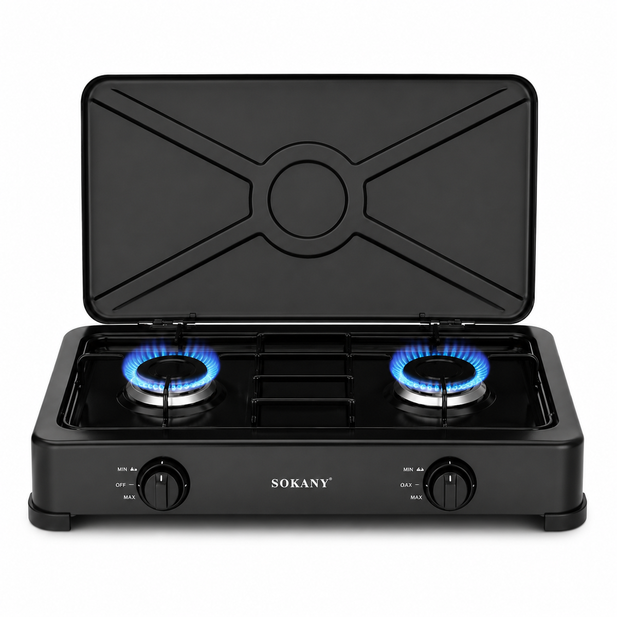 SOKANY Double Burner Gas Stove | 4.4 kW Heat Output | Fold-Down Lid