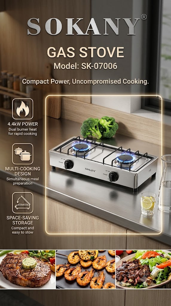 SOKANY Gas Stove | 4.4kW Total Heat Output | 2-Burner Gas