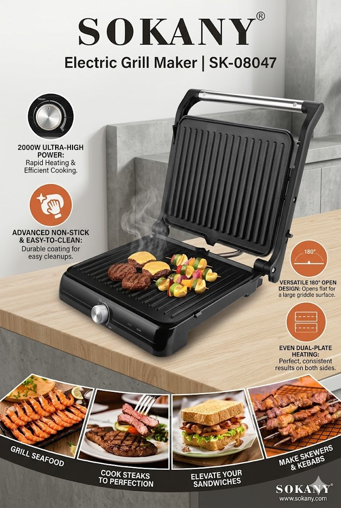 SOKANY 2000W Electric Grill Maker | Non-Stick Panini Press & Sandwich Grill