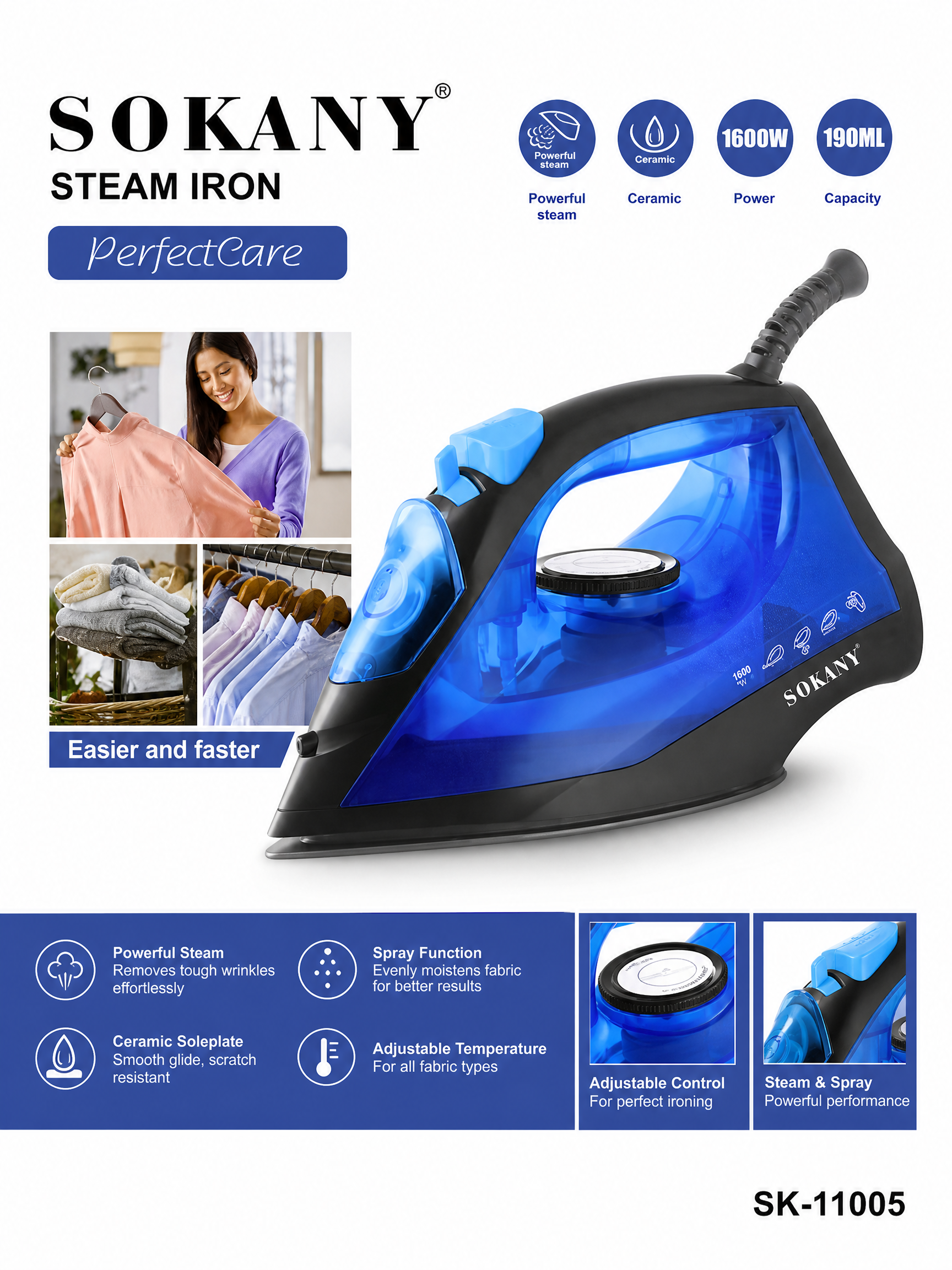 SOKANY Steam Iron | 1600W Heating Element | Durable Ceramic Soleplate