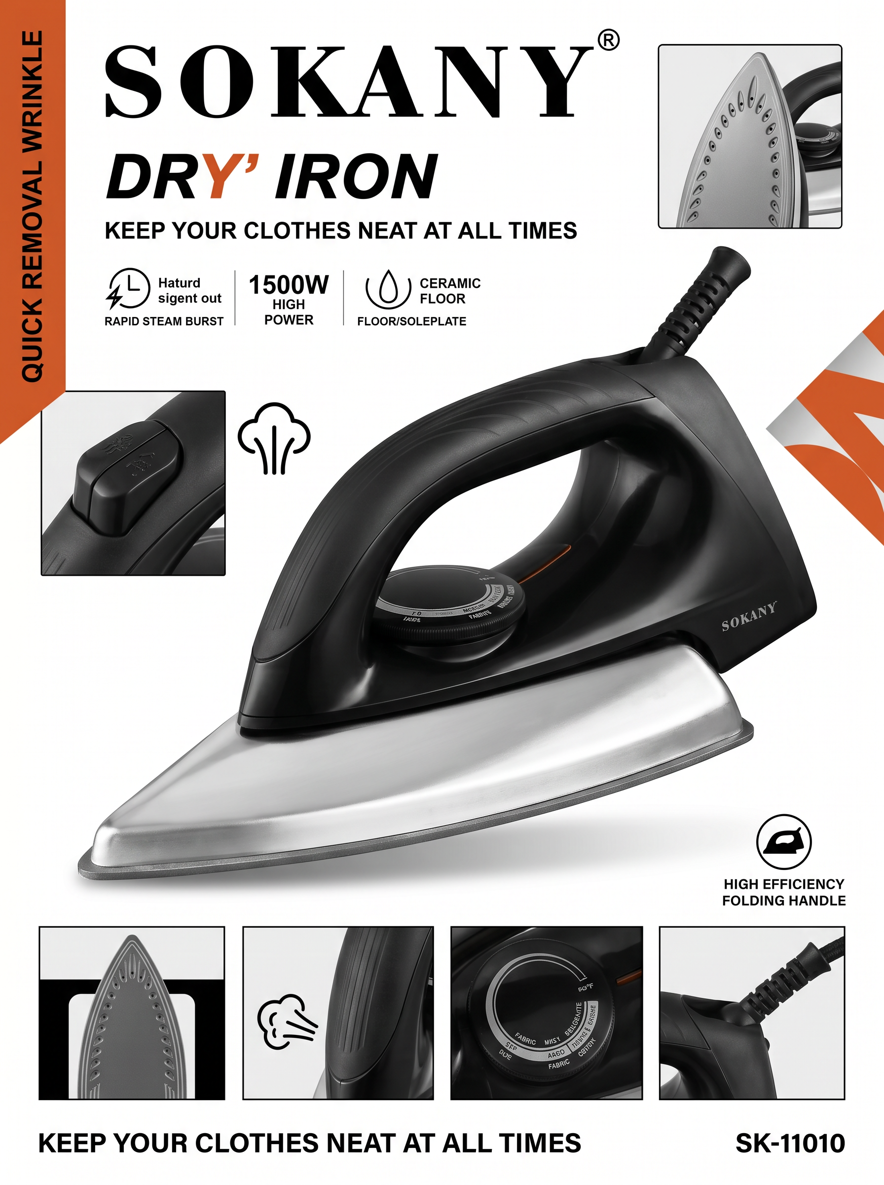 SOKANY Dry Iron | 1500W Heating Element | Scratch-Resistant Soleplate