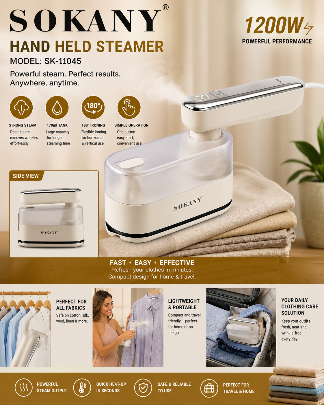 SOKANY Hand Held Steamer | 1200W Heating System | 180° Ironing For Both Vertical And Horizontal Use