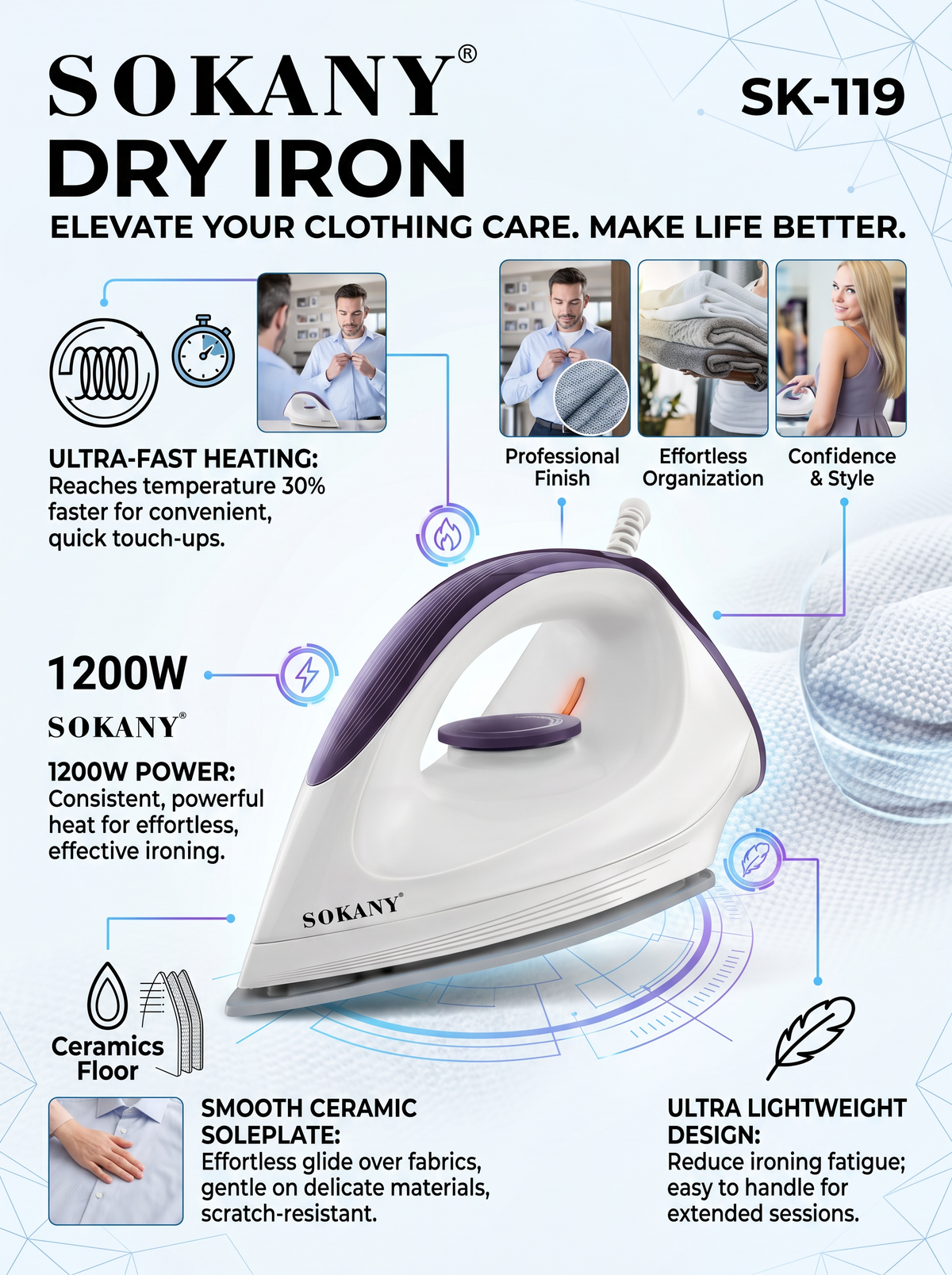 SOKANY Dry Iron | 1200W Powerful Heating Element | Ceramic Soleplate