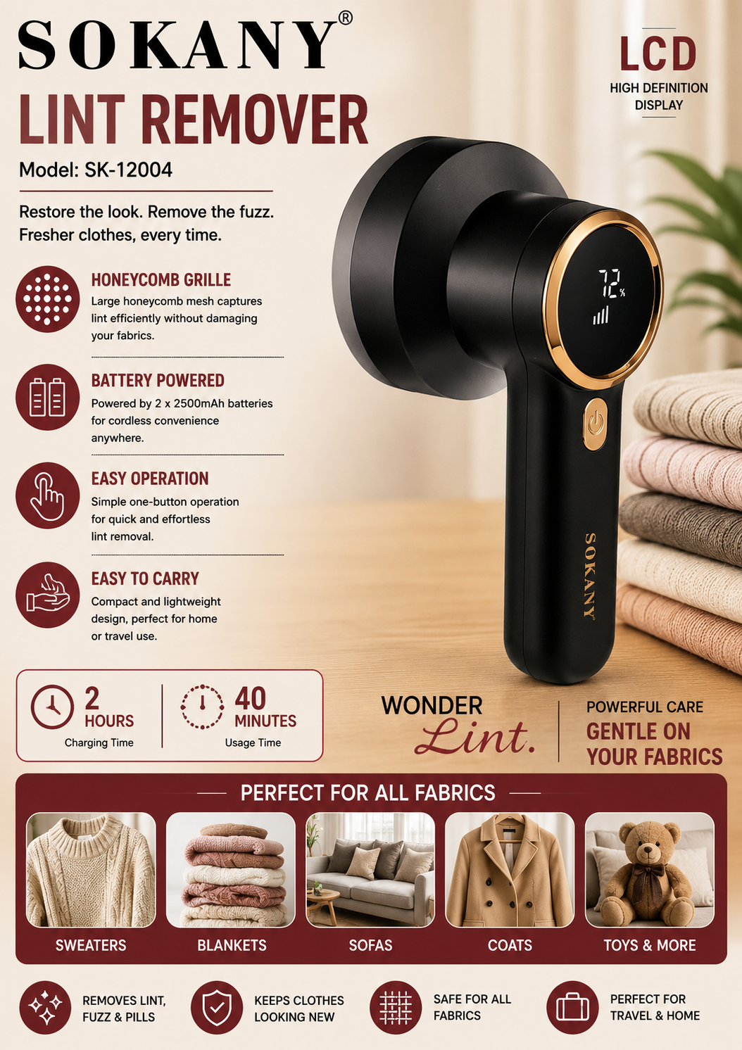 SOKANY Lint Remover |  2500mAh Rechargeable Batteries | High-Definition LCD display