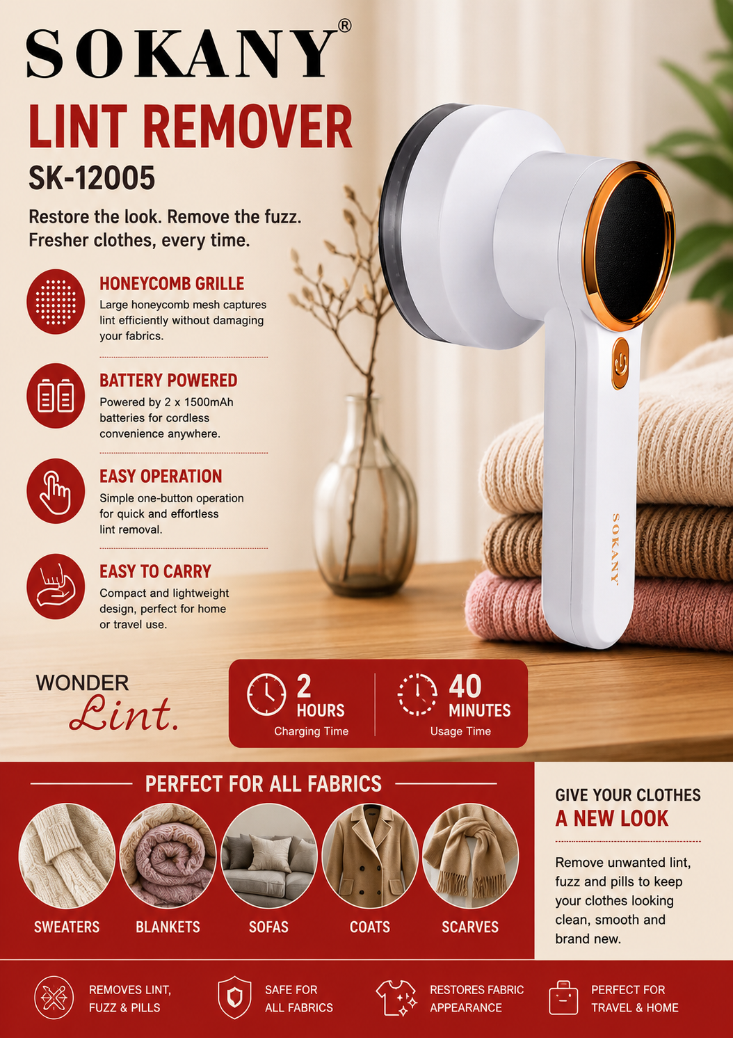 SOKANY Lint Remover | 1500mAh Rechargeable Batteries | One-Touch Button
