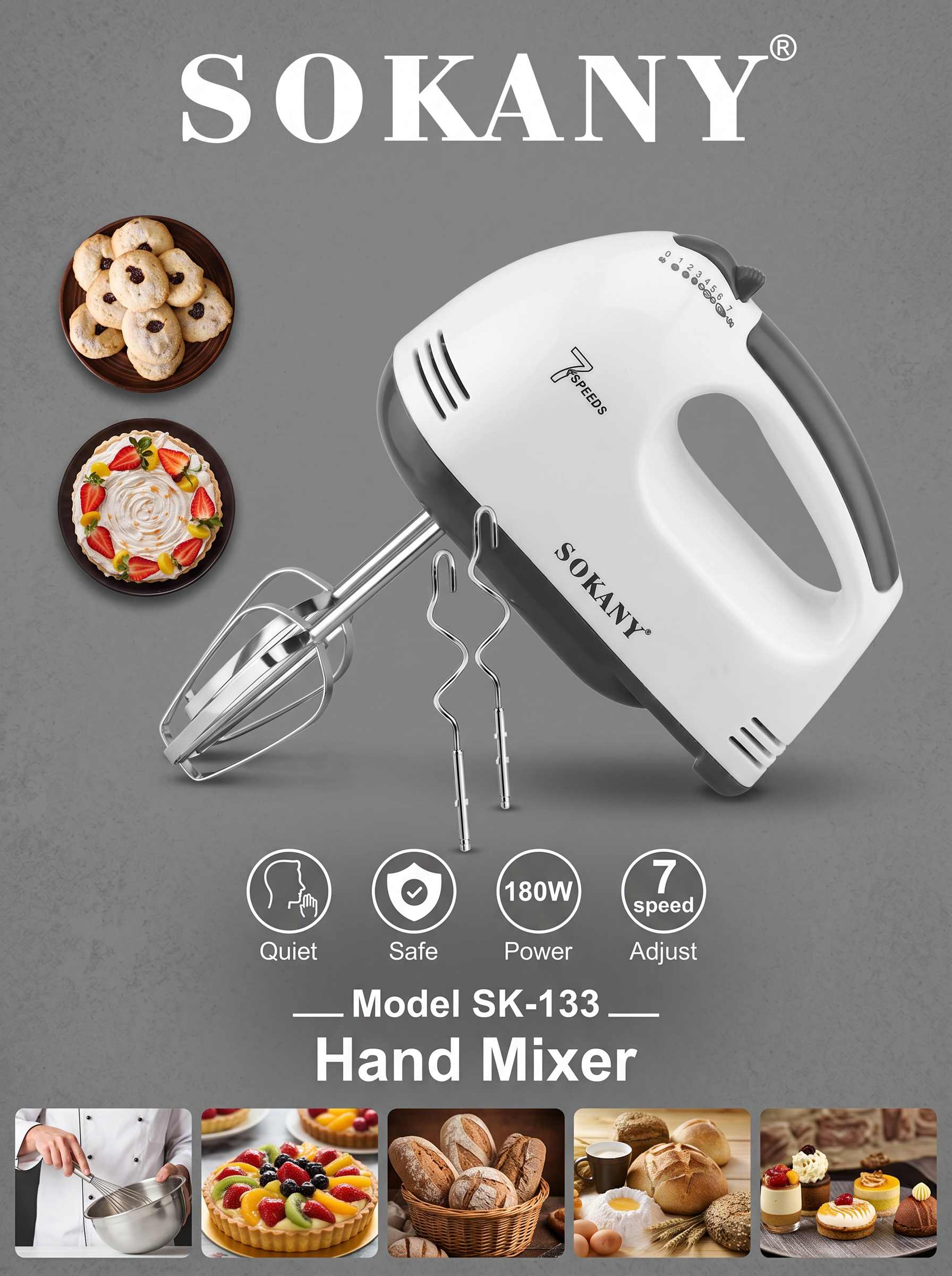 SOKANY Hand Mixer | 180W | 7 Adjustable Speed Settings