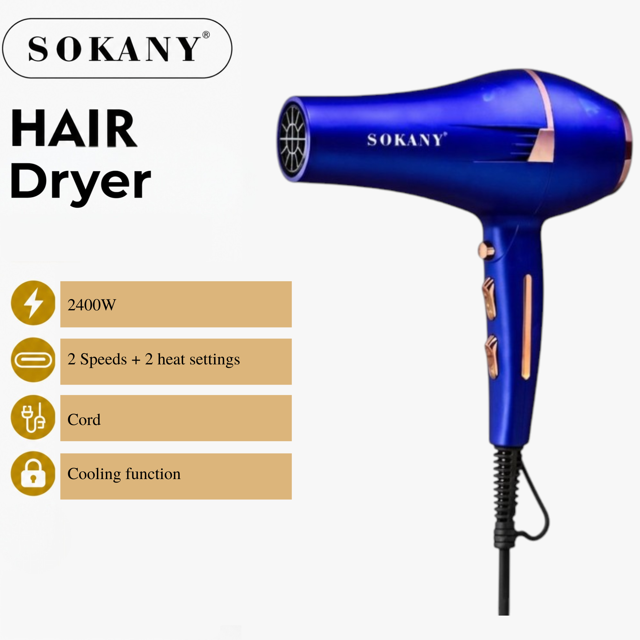 SOKANY 2400W Salon Pro Hair Dryer | Fast Dry Styling with 3 Attachments