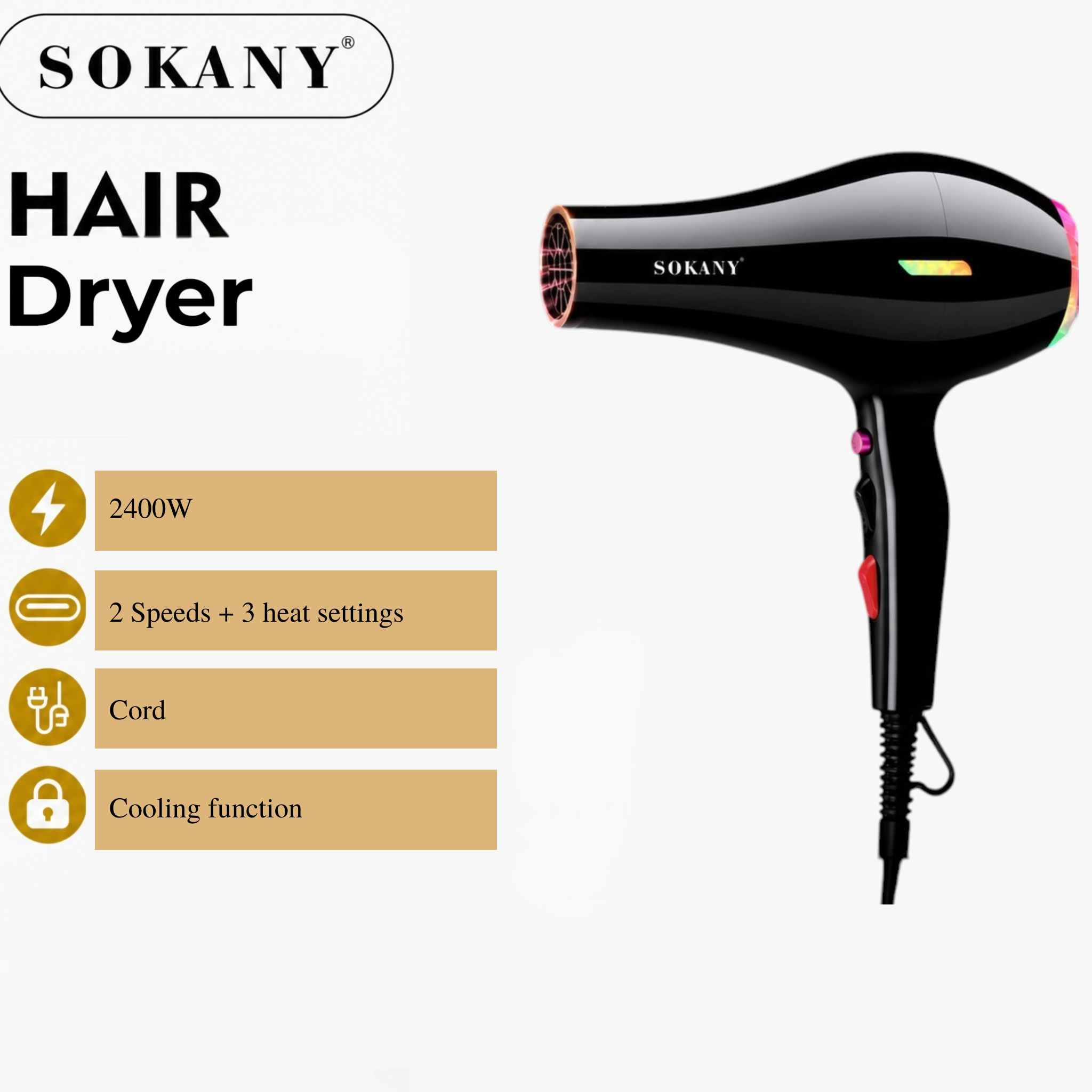 SOKANY 2400W Professional Ionic Hair Dryer | Fast Dry Styling