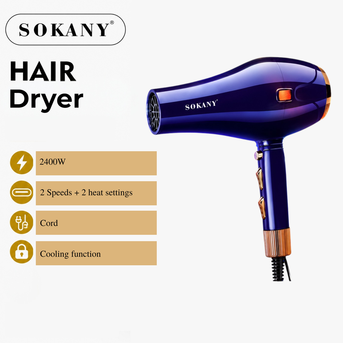 SOKANY 2400W TurboDry Hair Dryer | Hot & Cold Air Styling