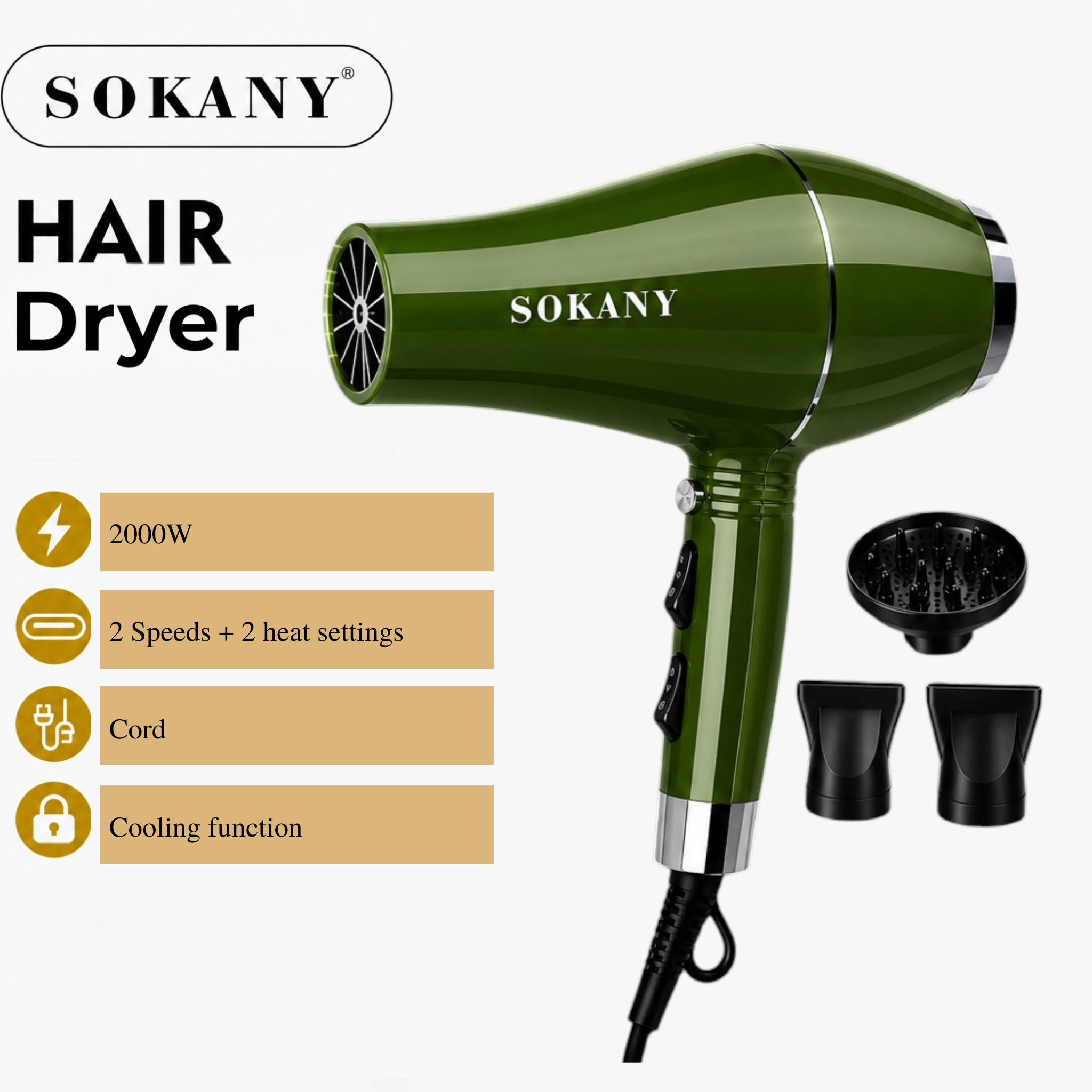 SOKANY 2000W Hair Dryer | Fast Dry Styling