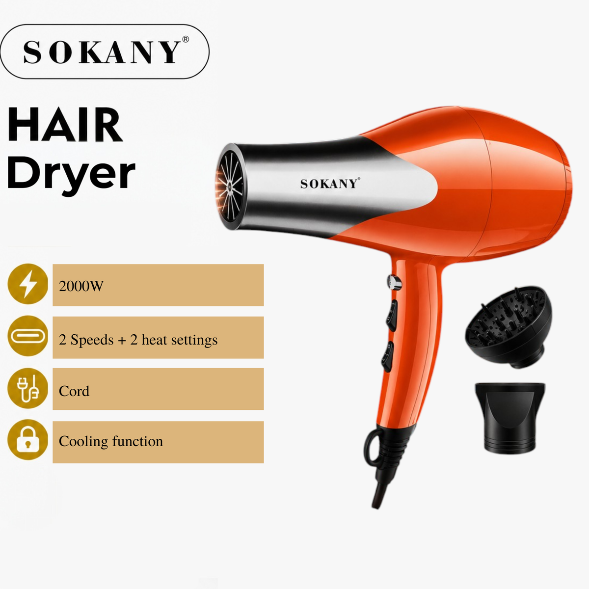 SOKANY Quick Style 2000W Hair Dryer | Fast Dry with Cool Shot