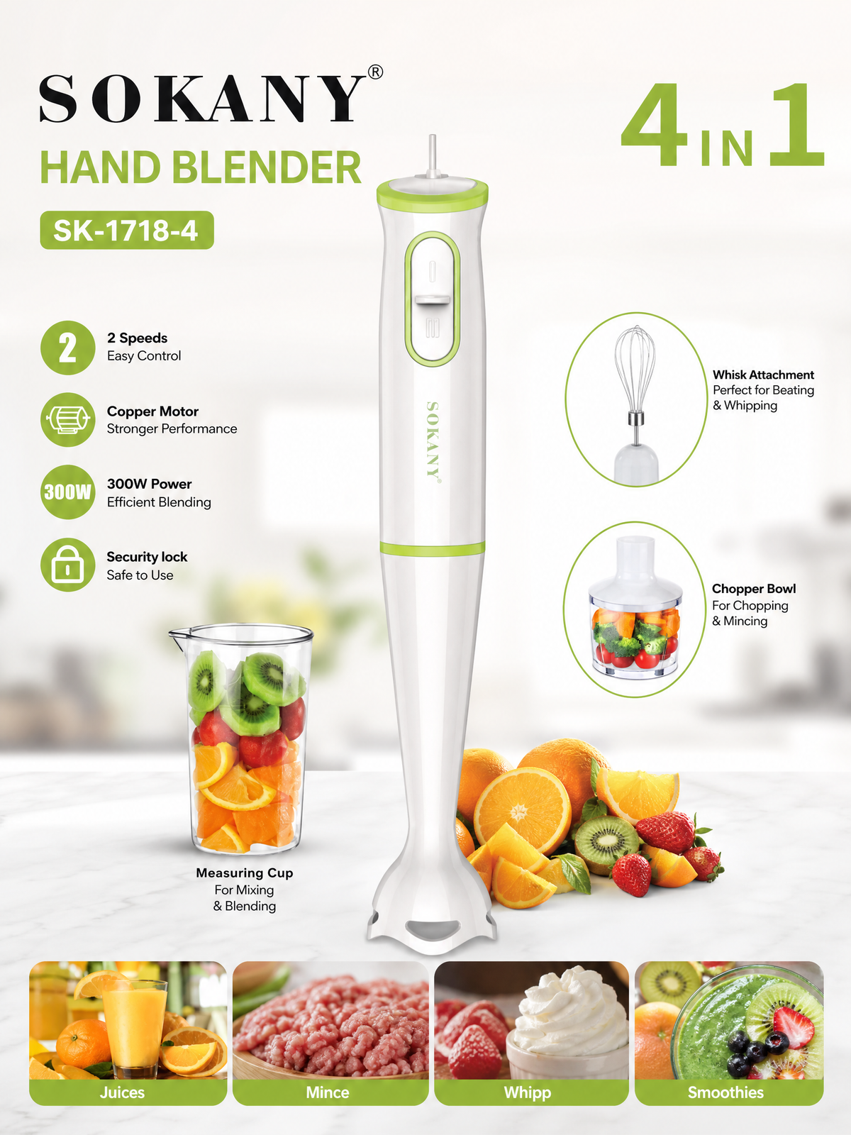 SOKANY 4-in-1 Hand Blender | 300W | 2-Speed Control