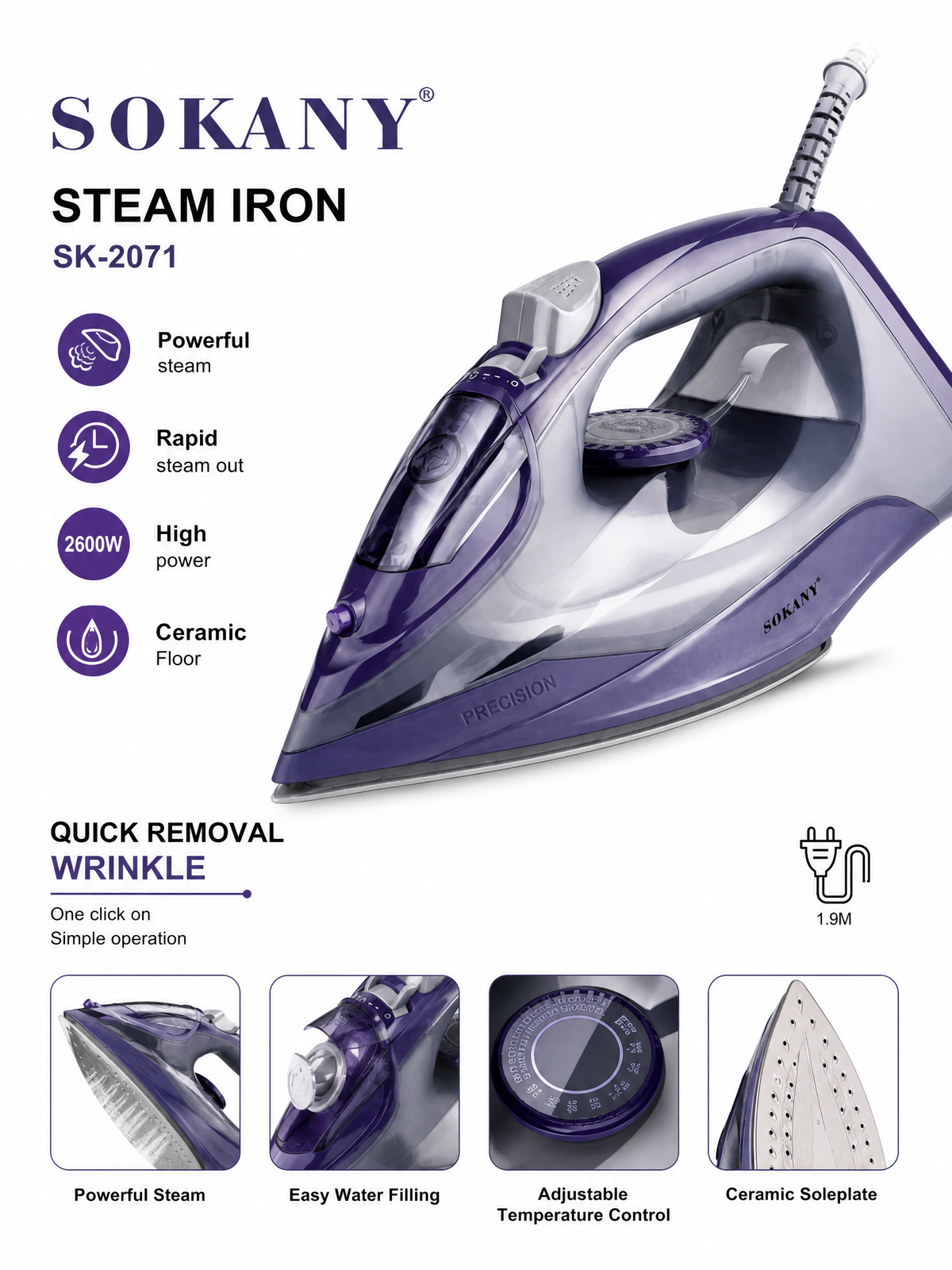 SOKANY Steam Iron |  2600W Heating Element | Ceramic Soleplate