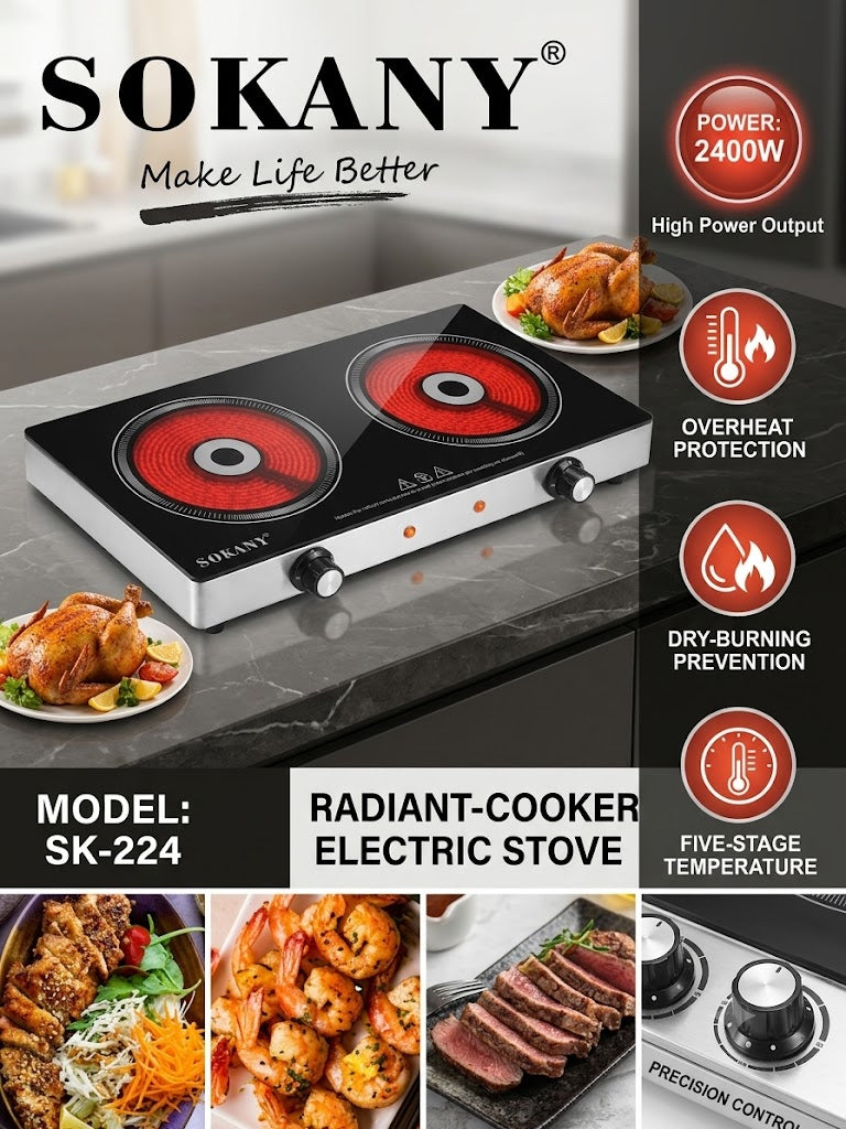 SOKANY SK-224 Radiant Electric Stove | 2400W total power | Dual Radiant Heating Plates