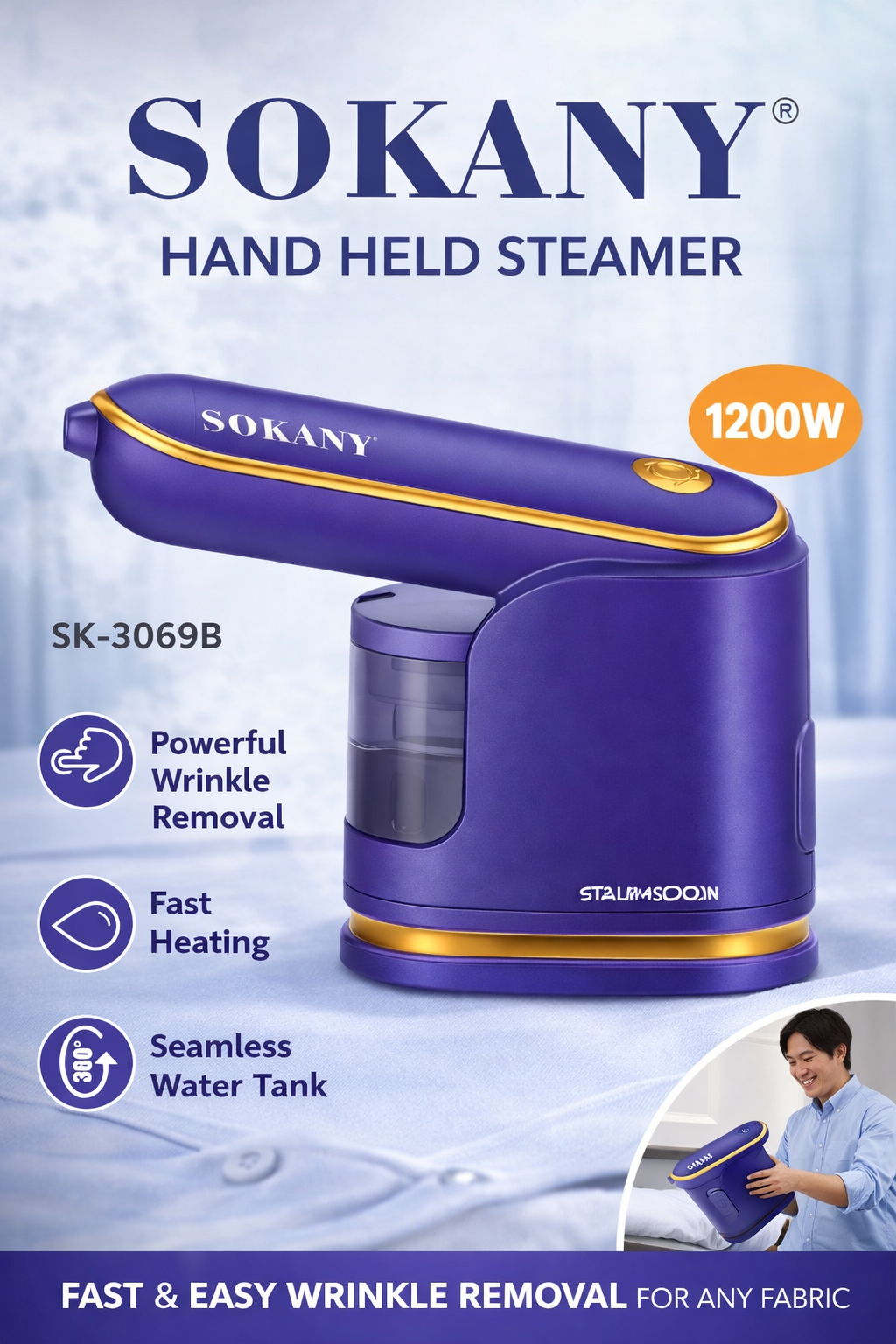 SOKANY Hand Held Steamer | 1200W High-Performance Heating System | Easy-Fill Transparent Reservoir