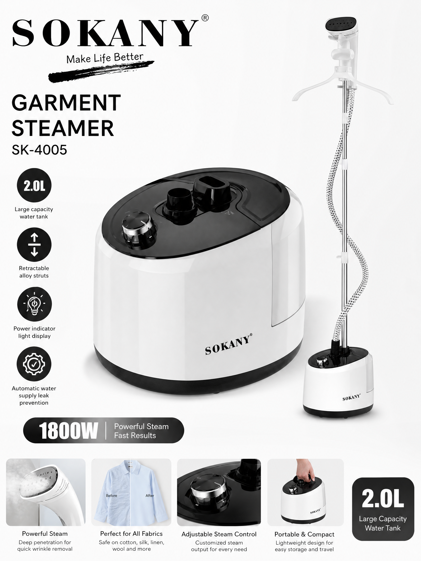 SOKANY Garment Steamer |  1800W Heating System | Large 2.0L Water Tank