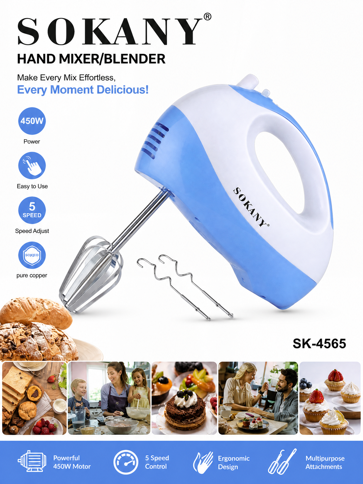 SOKANY Hand Mixer/Blender | 450W | 5 Adjustable Speed Settings