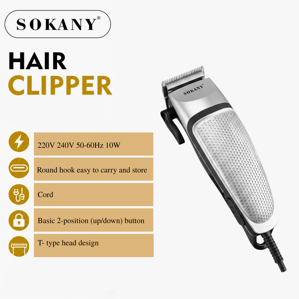 Sokany Hair Clipper Silver | Precision Trimmer with Self-Sharpening Blades
