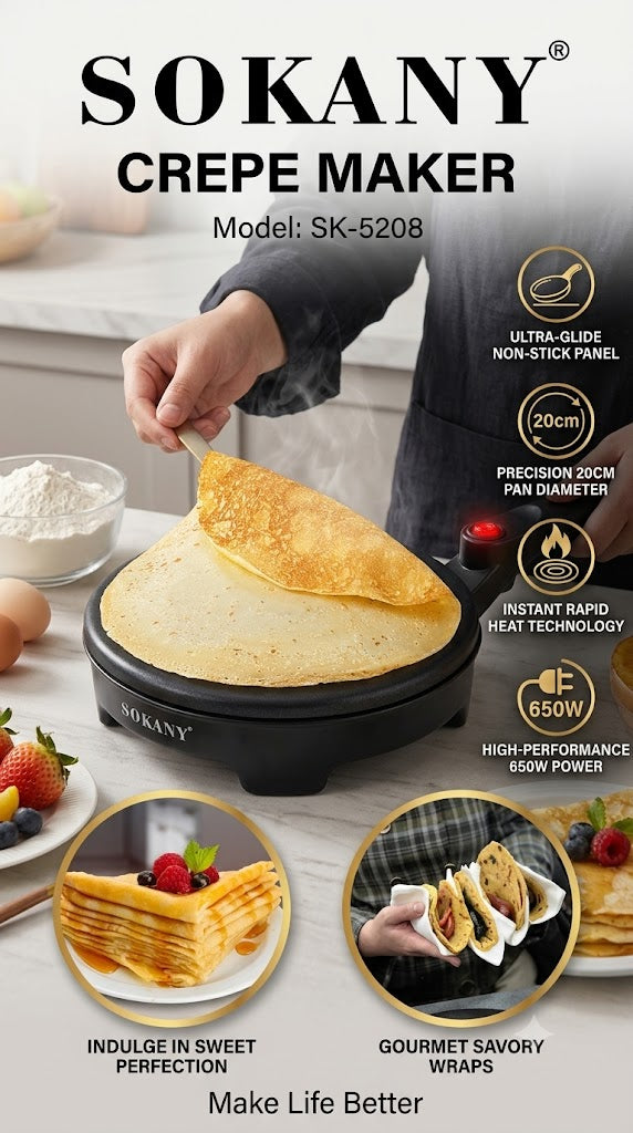 SOKANY Electric Crepe Maker | Non-Stick Pancake Plate | SK-5208