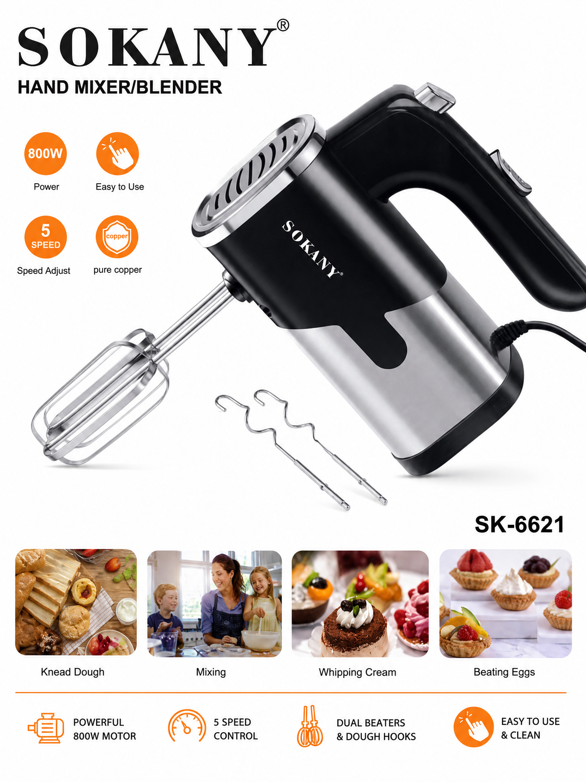 SOKANY Hand Mixer/Blender | 800W | 5-Speed Adjustable Control