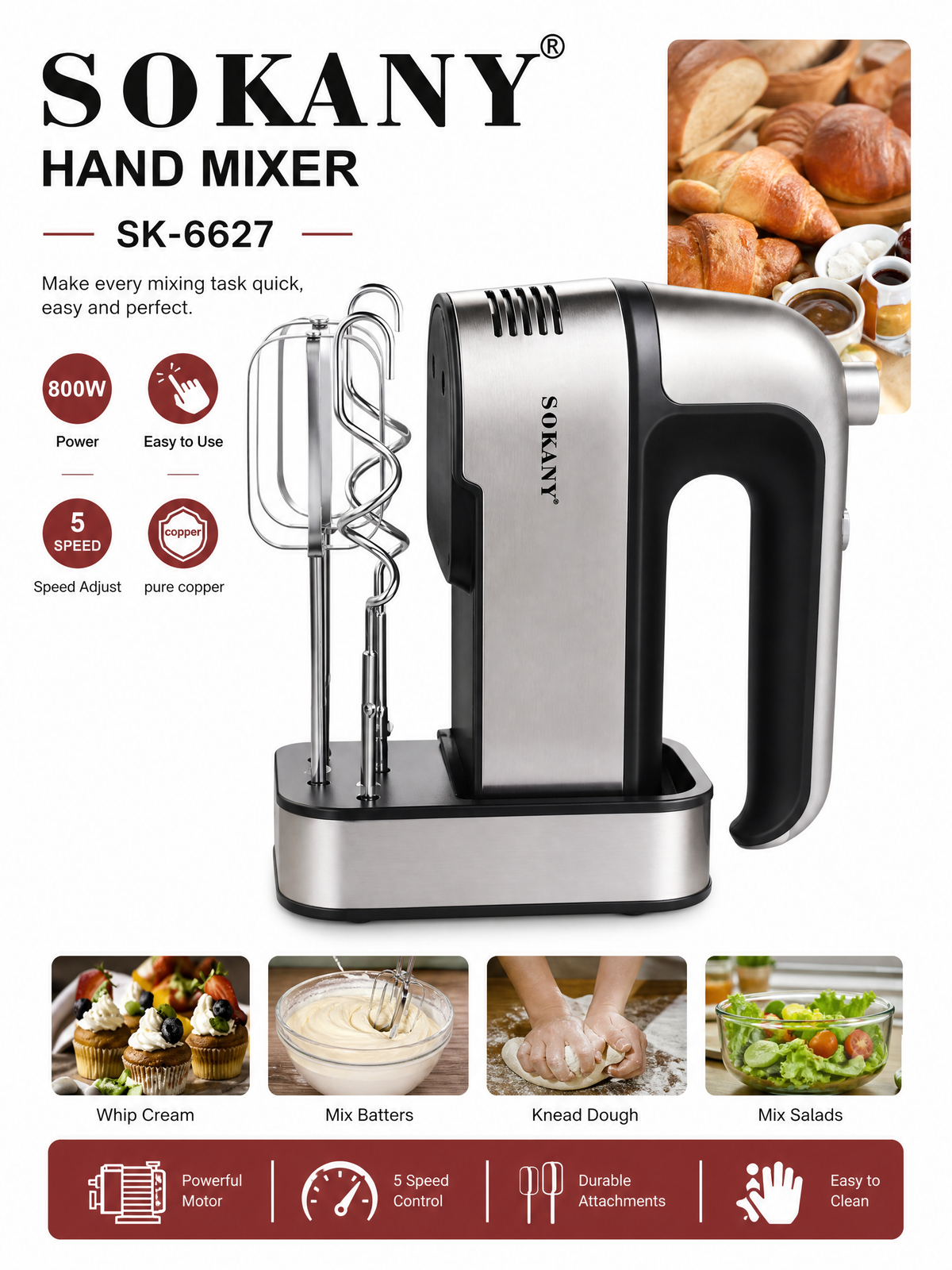 SOKANY Hand Mixer | 800W | 5-Speed Control