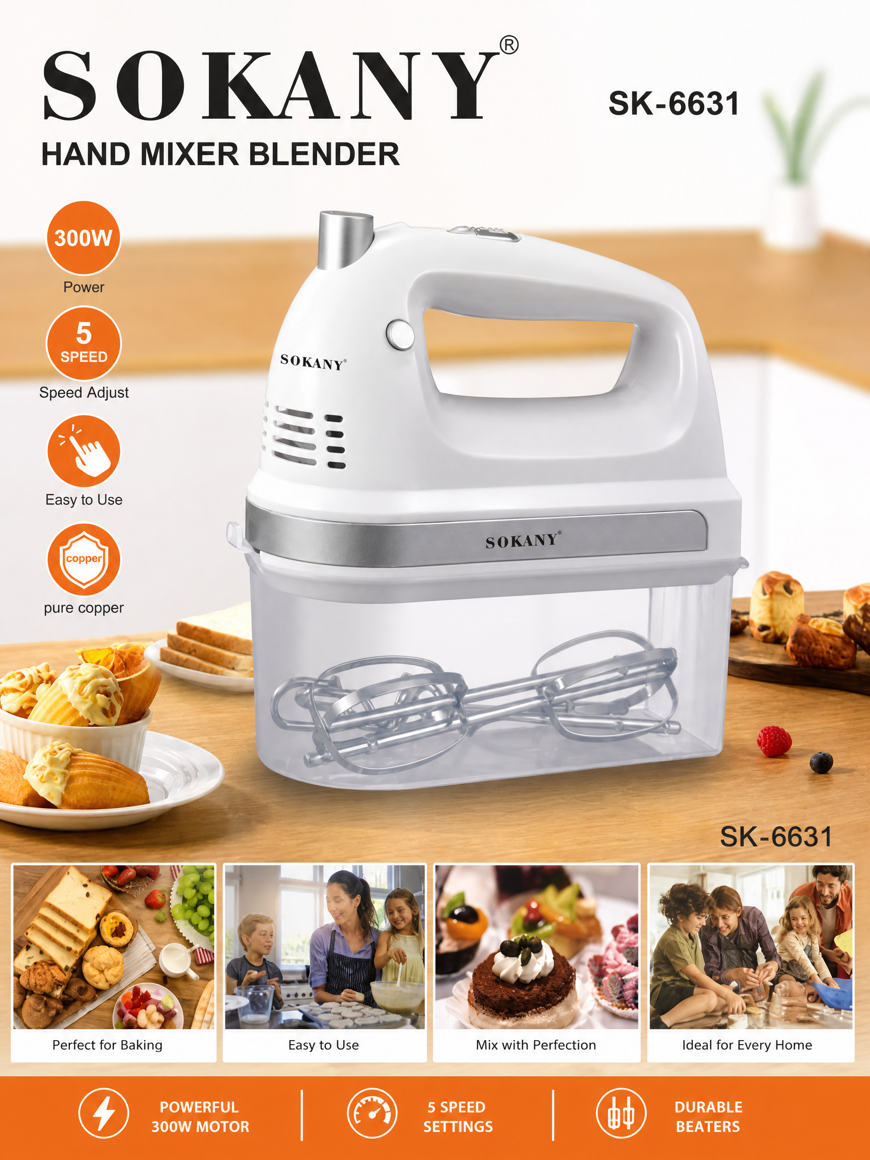 SOKANY Hand Mixer Blender | 300W |  5 Adjustable Speed Settings