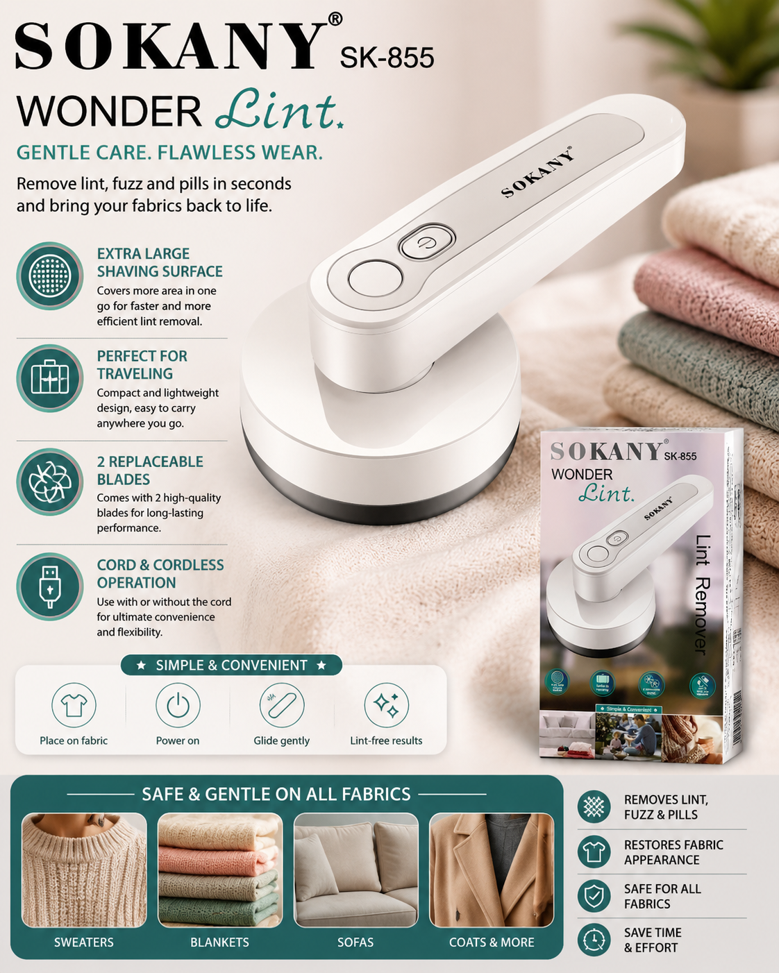 SOKANY Wonder Electric Lint Remover | One-Touch Power Button